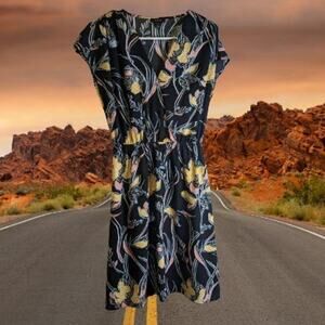 Halogen XS cap sleeves elastic waist black multi color floral v neck dress.